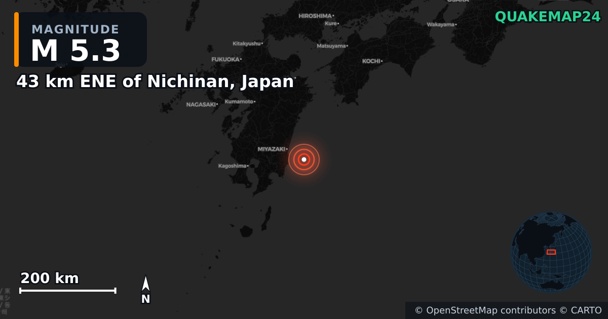M5.3 earthquake near 43 km ENE of Nichinan, Japan on Jan 14, 2025 — map of epicenter and shaking intensity | QuakeMap24
