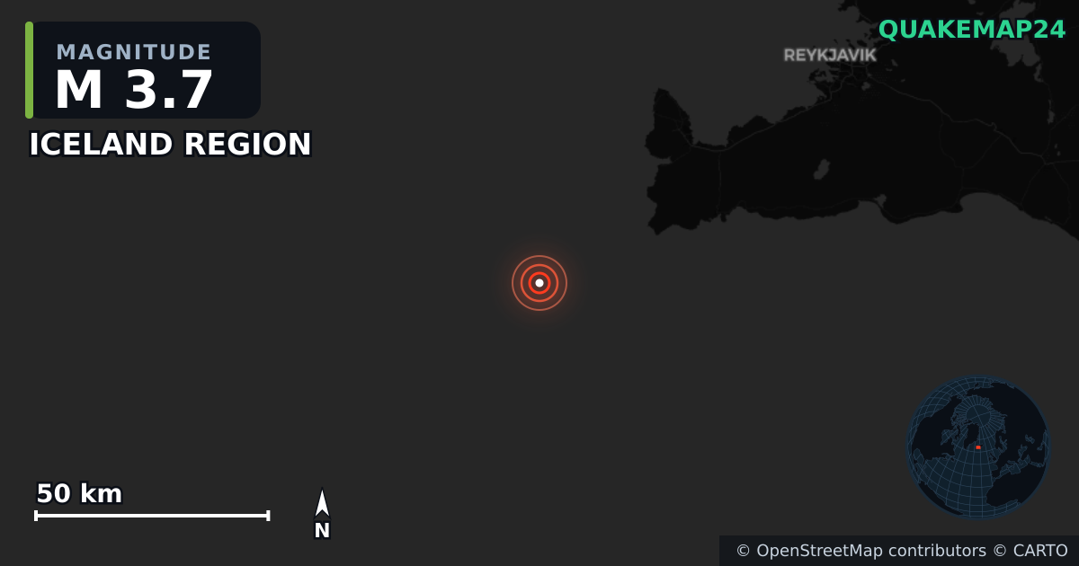 M3.7 earthquake near ICELAND REGION on May 24, 2025 — map of epicenter and shaking intensity | QuakeMap24