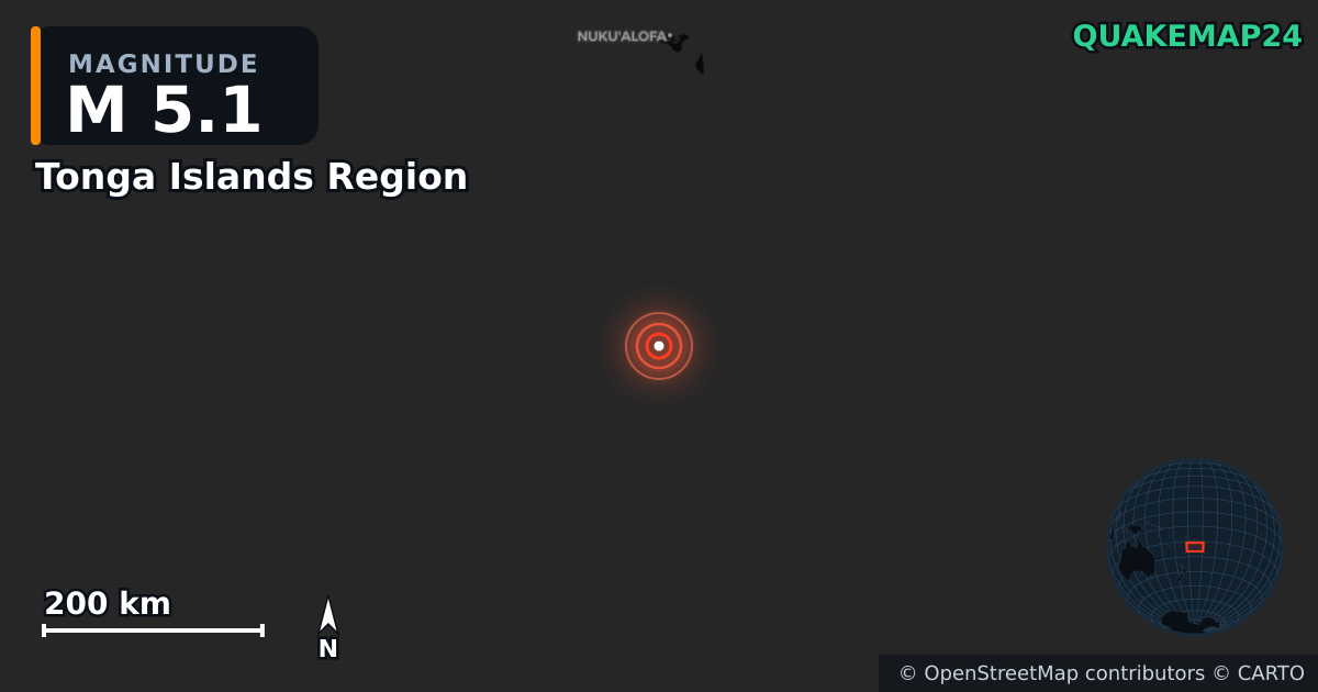 M5.1 earthquake near Tonga Islands Region on Jul 17, 2025 — map of epicenter and shaking intensity | QuakeMap24