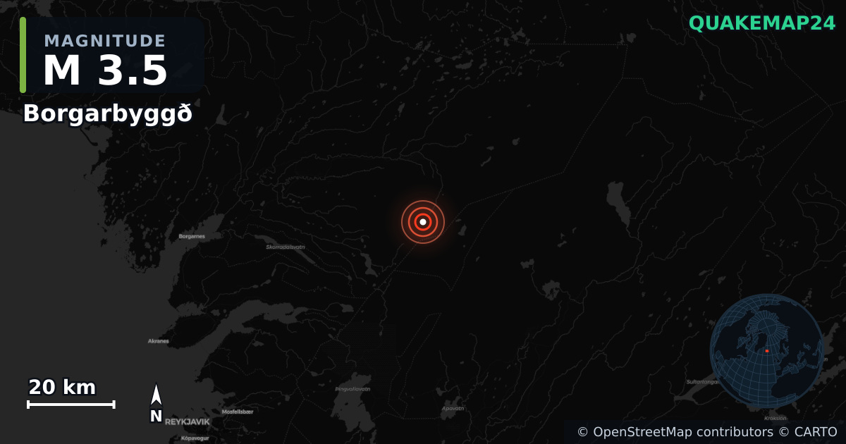 M3.5 earthquake near Borgarbyggð on Jun 3, 2026 — map of epicenter and shaking intensity | QuakeMap24