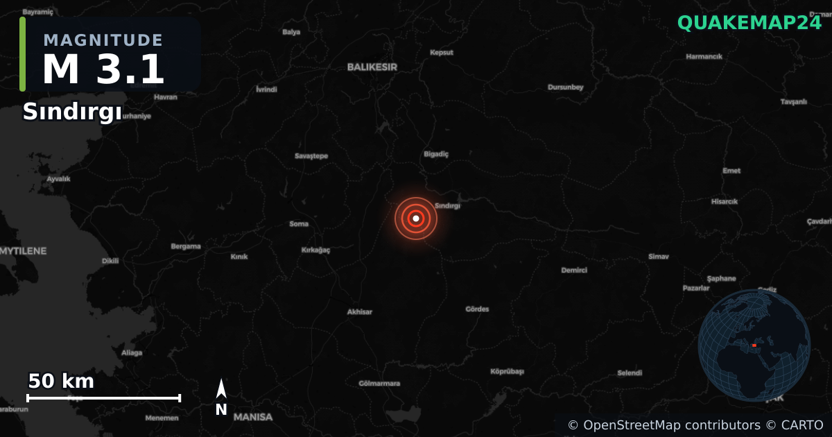 M3.1 earthquake near Sındırgı on Aug 10, 2025 — map of epicenter and shaking intensity | QuakeMap24
