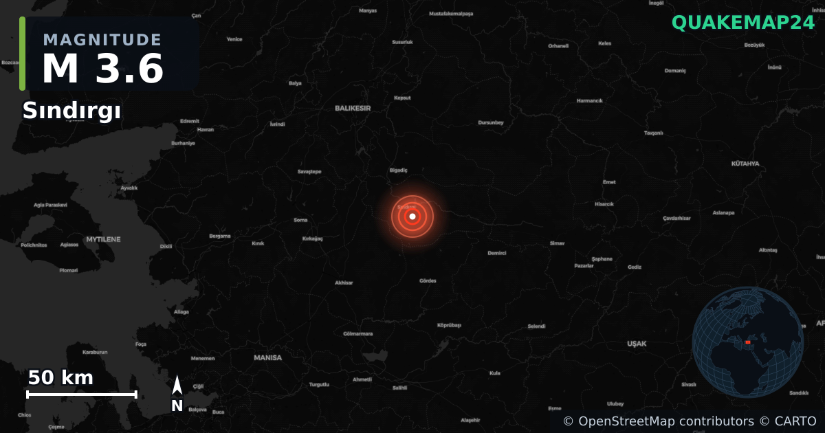 M3.6 earthquake near Sındırgı on Sep 5, 2025 — map of epicenter and shaking intensity | QuakeMap24