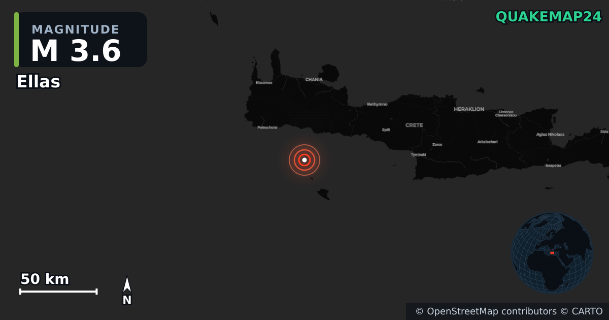 M3.6 earthquake near Ellas on Jan 26, 2026 — map of epicenter and shaking intensity | QuakeMap24