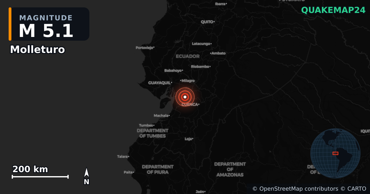 M5.1 earthquake near Molleturo on Jun 21, 2025 — map of epicenter and shaking intensity | QuakeMap24