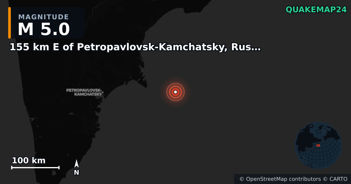 M5.0 earthquake near 155 km E of Petropavlovsk-Kamchatsky, Russia on Jul 31, 2025 — map of epicenter and shaking intensity | QuakeMap24