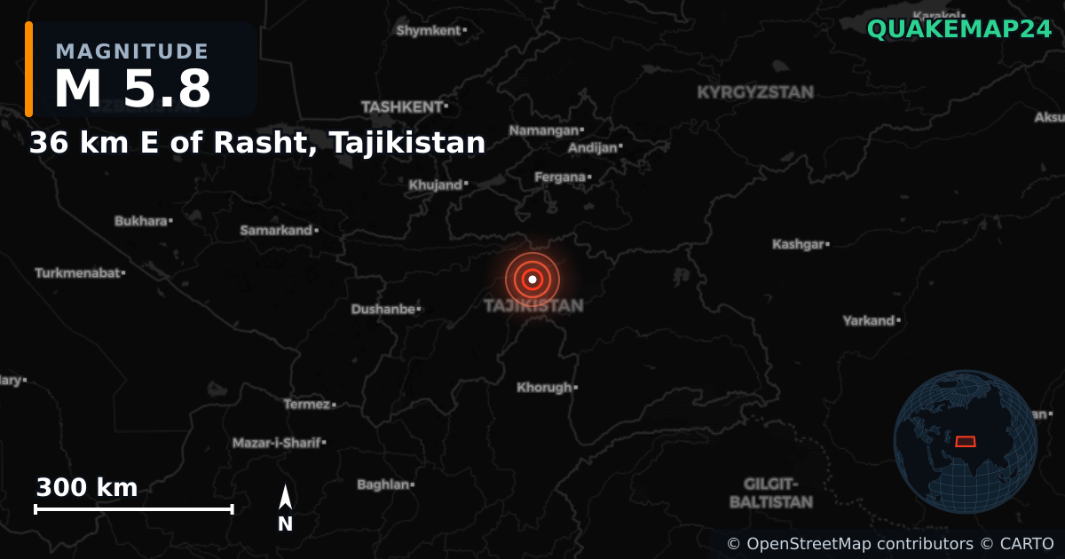 M5.8 earthquake near 36 km E of Rasht, Tajikistan on Apr 13, 2025 — map of epicenter and shaking intensity | QuakeMap24
