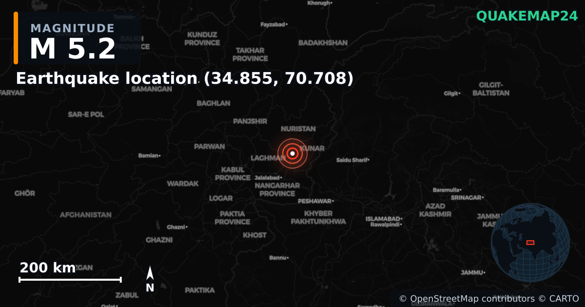 M5.2 earthquake near Earthquake location (34.855, 70.708) on Sep 5, 2025 — map of epicenter and shaking intensity | QuakeMap24