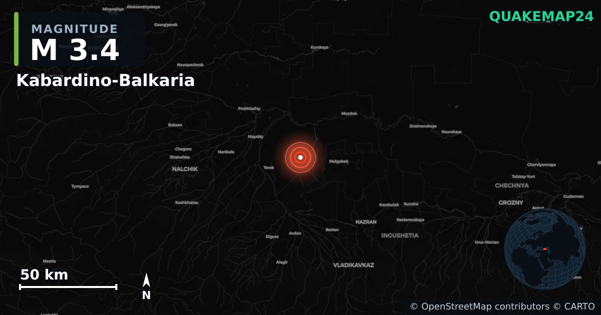M3.4 earthquake near Kabardino-Balkaria on Jun 11, 2025 — map of epicenter and shaking intensity | QuakeMap24