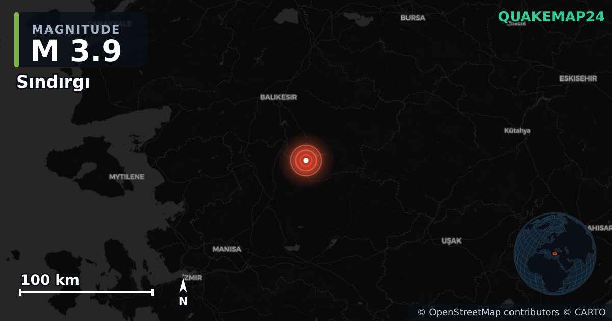 M3.9 earthquake near Sındırgı on Aug 21, 2025 — map of epicenter and shaking intensity | QuakeMap24