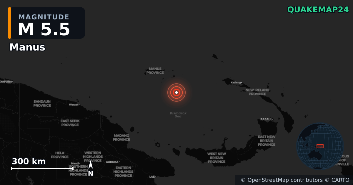 M5.5 earthquake near Manus on Oct 10, 2025 — map of epicenter and shaking intensity | QuakeMap24