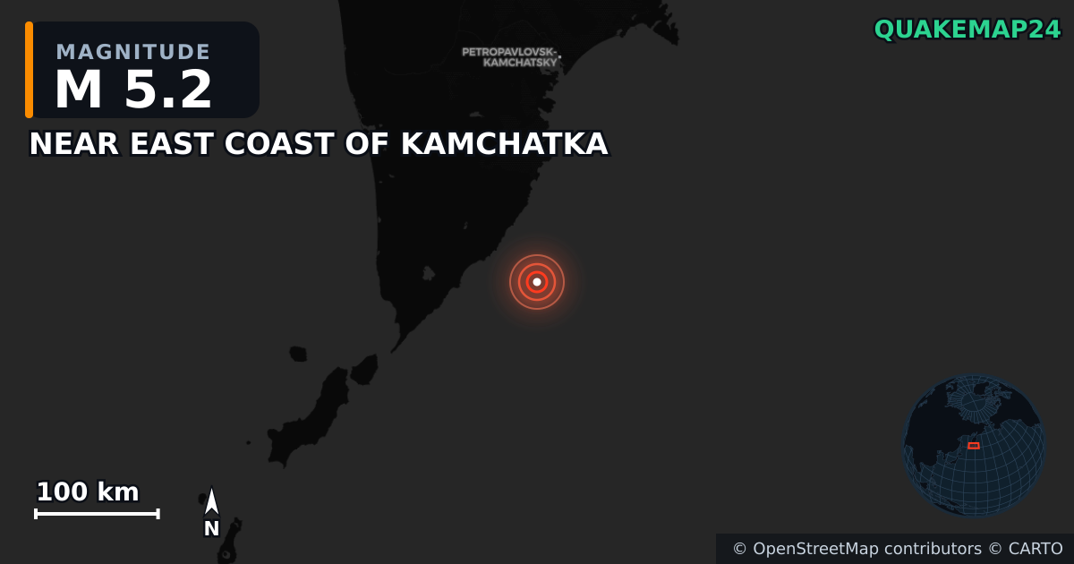 M5.2 earthquake near NEAR EAST COAST OF KAMCHATKA on Sep 13, 2025 — map of epicenter and shaking intensity | QuakeMap24