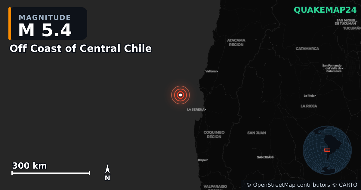 M5.4 earthquake near Off Coast of Central Chile on May 5, 2025 — map of epicenter and shaking intensity | QuakeMap24