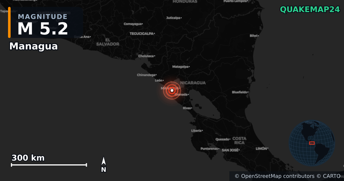 M5.2 earthquake near Managua on Nov 17, 2025 — map of epicenter and shaking intensity | QuakeMap24