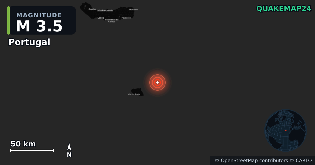 Terremoto de M3,5 cerca de Portugal (Portugal) · 2026-10-03 — Mapa de la ubicación del epicentro