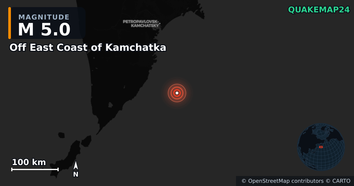 M5.0 earthquake near Off East Coast of Kamchatka on Dec 2, 2025 — map of epicenter and shaking intensity | QuakeMap24