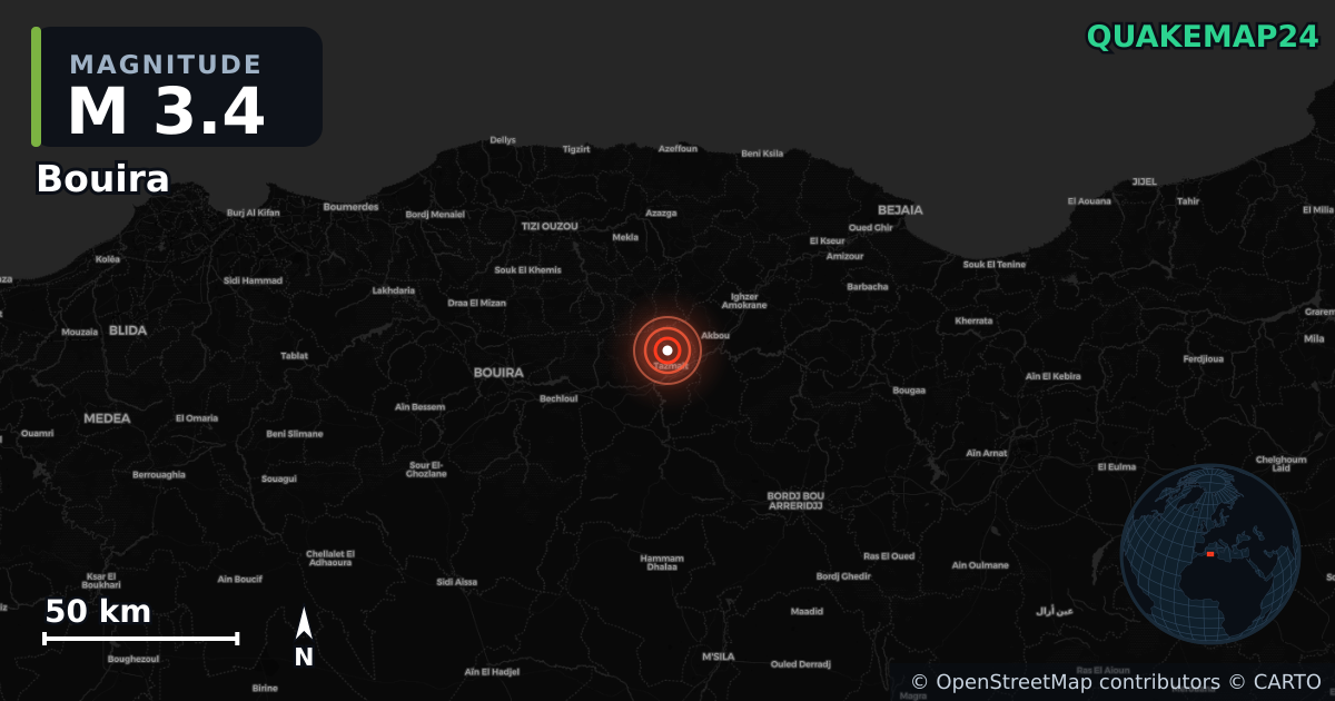M3.4 earthquake near Bouira on Oct 8, 2025 — map of epicenter and shaking intensity | QuakeMap24