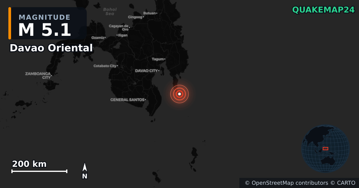 M5.1 earthquake near Davao Oriental on Jun 22, 2025 — map of epicenter and shaking intensity | QuakeMap24
