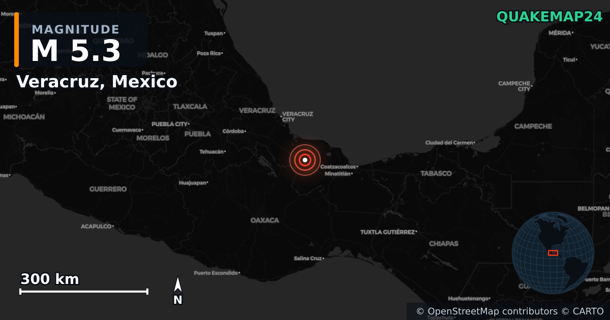 Erdbeben M5,3 bei Veracruz, Mexico — Karte der Lage des Epizentrums