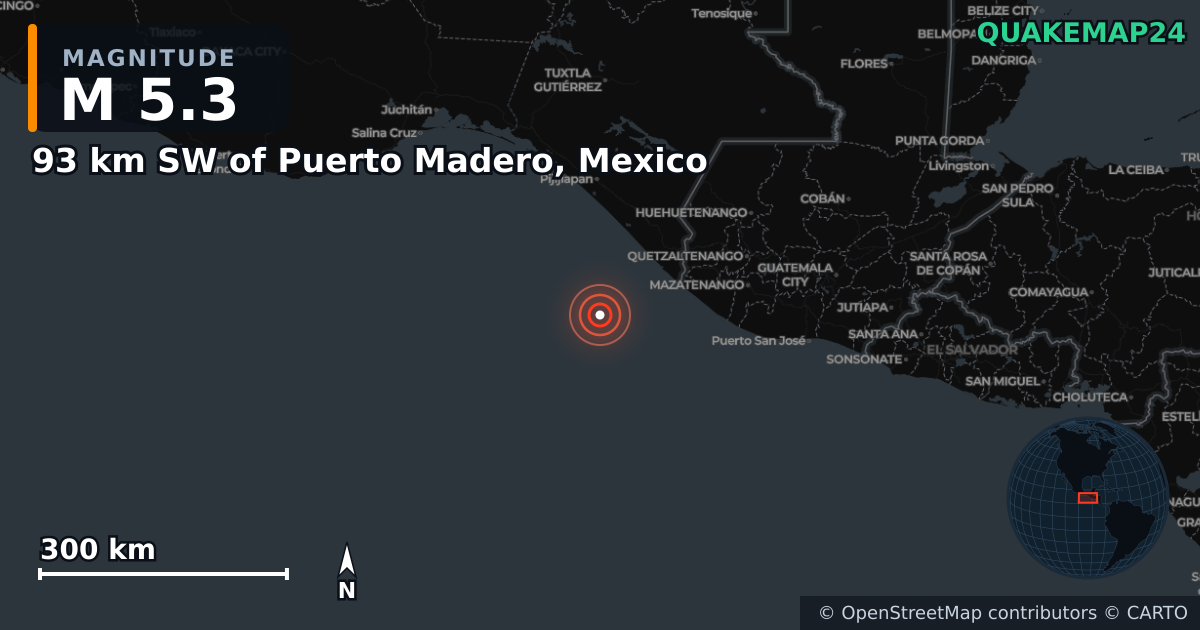 Σεισμός M5,3 κοντά στο 93 km SW of Puerto Madero, Mexico · 2026-07-17 — Χάρτης της θέσης του επικέντρου