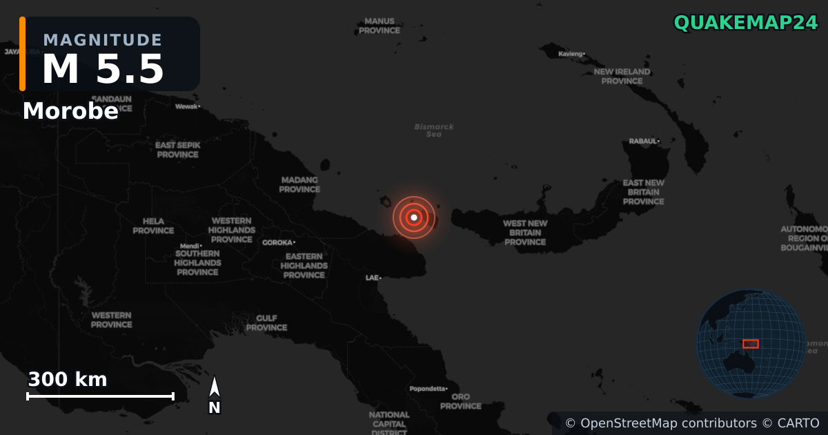 M5.5 earthquake near Morobe on Jan 5, 2026 — map of epicenter and shaking intensity | QuakeMap24