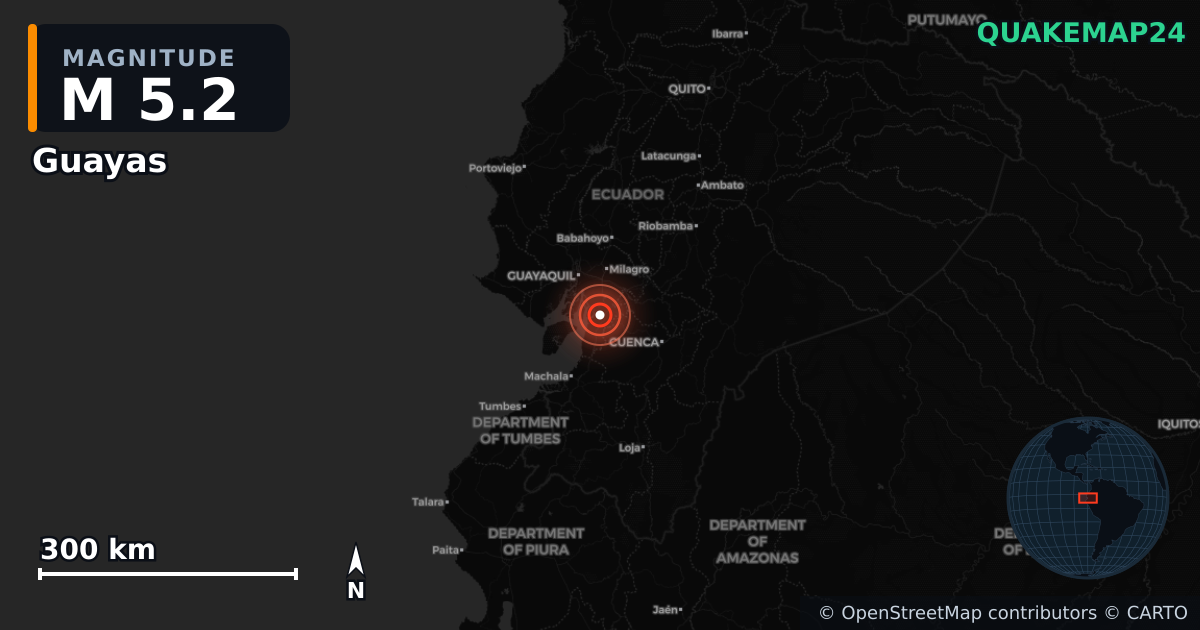 M5.2 earthquake near Guayas on Jun 21, 2025 — map of epicenter and shaking intensity | QuakeMap24
