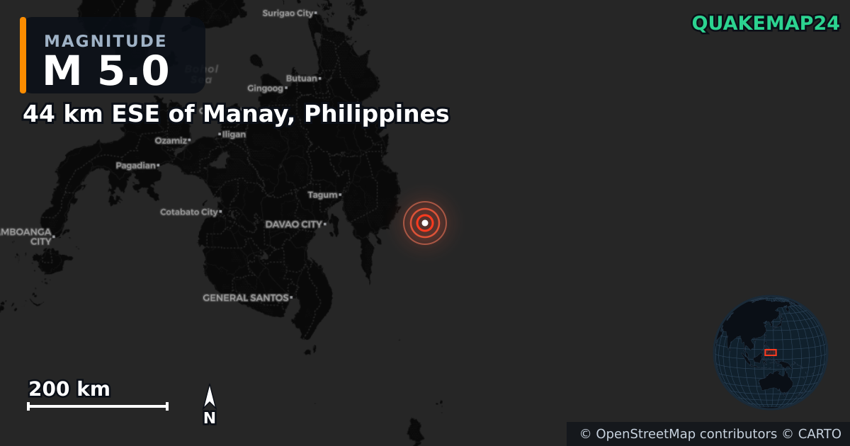 M5.0 earthquake near 44 km ESE of Manay, Philippines on Oct 26, 2025 — map of epicenter and shaking intensity | QuakeMap24