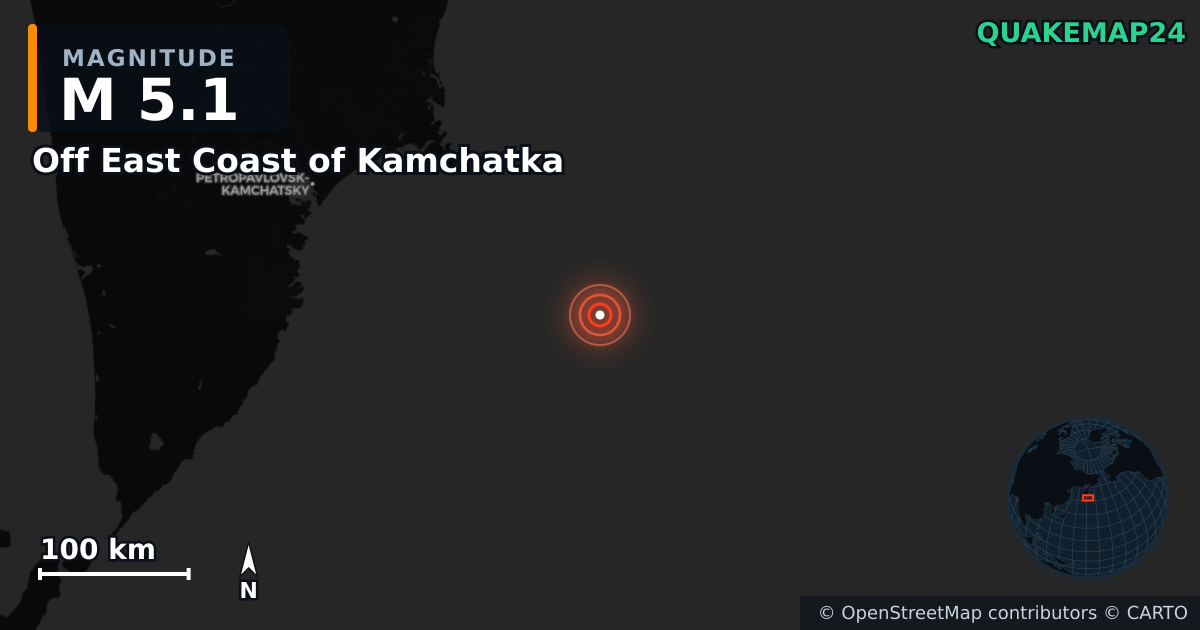 M5.1 earthquake near Off East Coast of Kamchatka on Jul 30, 2025 — map of epicenter and shaking intensity | QuakeMap24