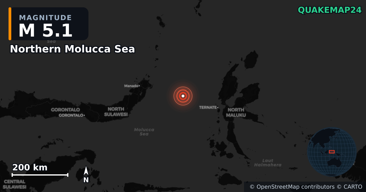 Erdbeben M5,1 bei Northern Molucca Sea — Karte der Lage des Epizentrums