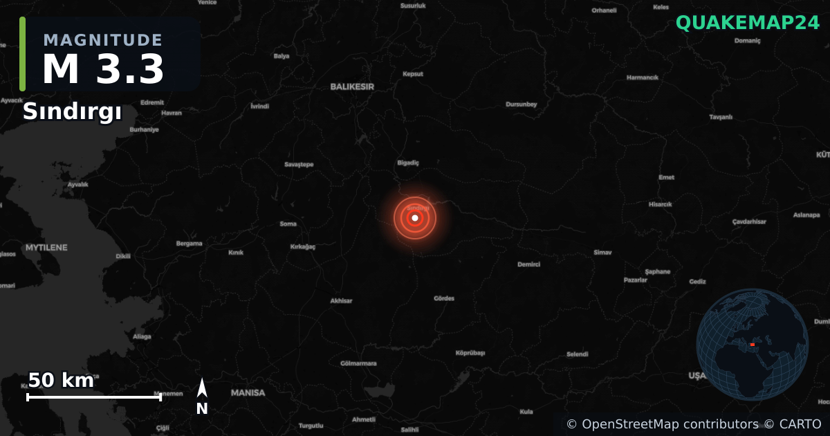 M3.3 earthquake near Sındırgı on Aug 10, 2025 — map of epicenter and shaking intensity | QuakeMap24