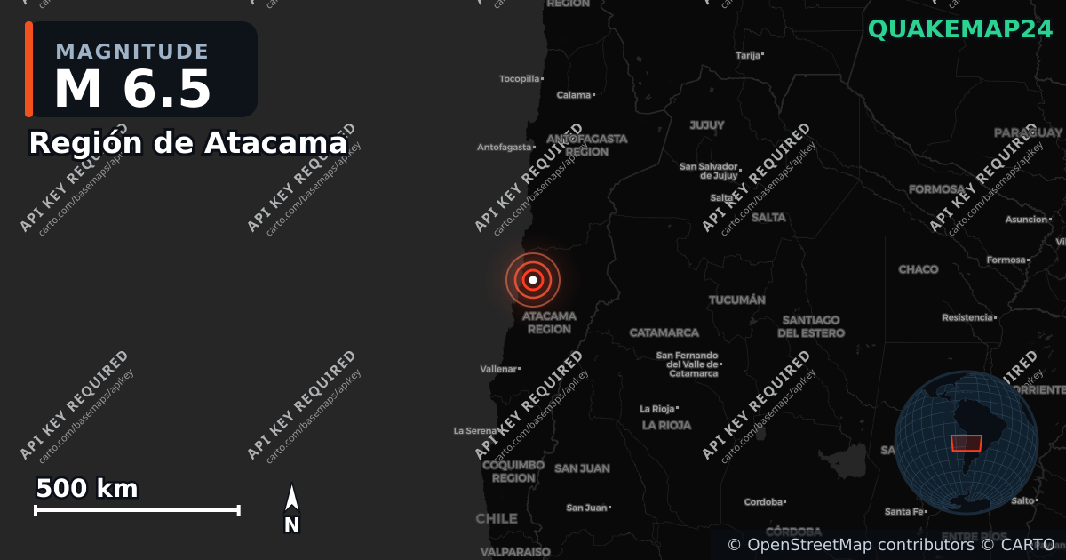 M6.5 earthquake near Región de Atacama on Jun 6, 2025 — map of epicenter and shaking intensity | QuakeMap24