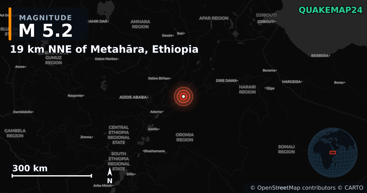M5.2 earthquake near 19 km NNE of Metahāra, Ethiopia on Jan 11, 2025 — map of epicenter and shaking intensity | QuakeMap24