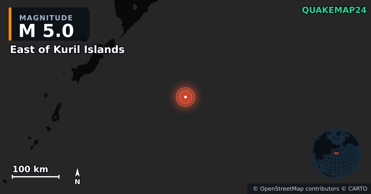 M5.0 earthquake near East of Kuril Islands on Nov 28, 2025 — map of epicenter and shaking intensity | QuakeMap24