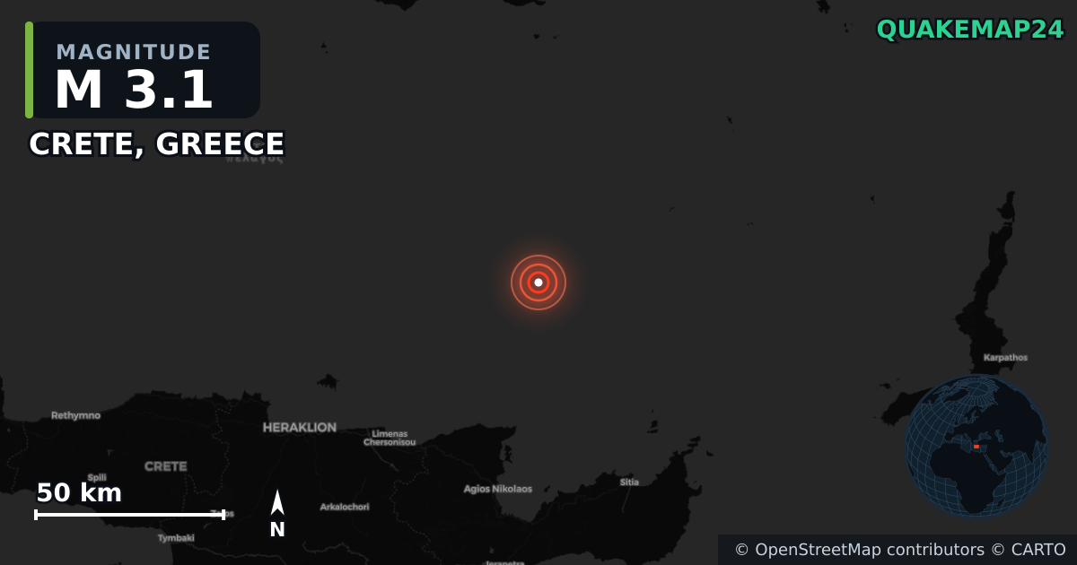 M3.1 earthquake near CRETE, GREECE on May 23, 2025 — map of epicenter and shaking intensity | QuakeMap24