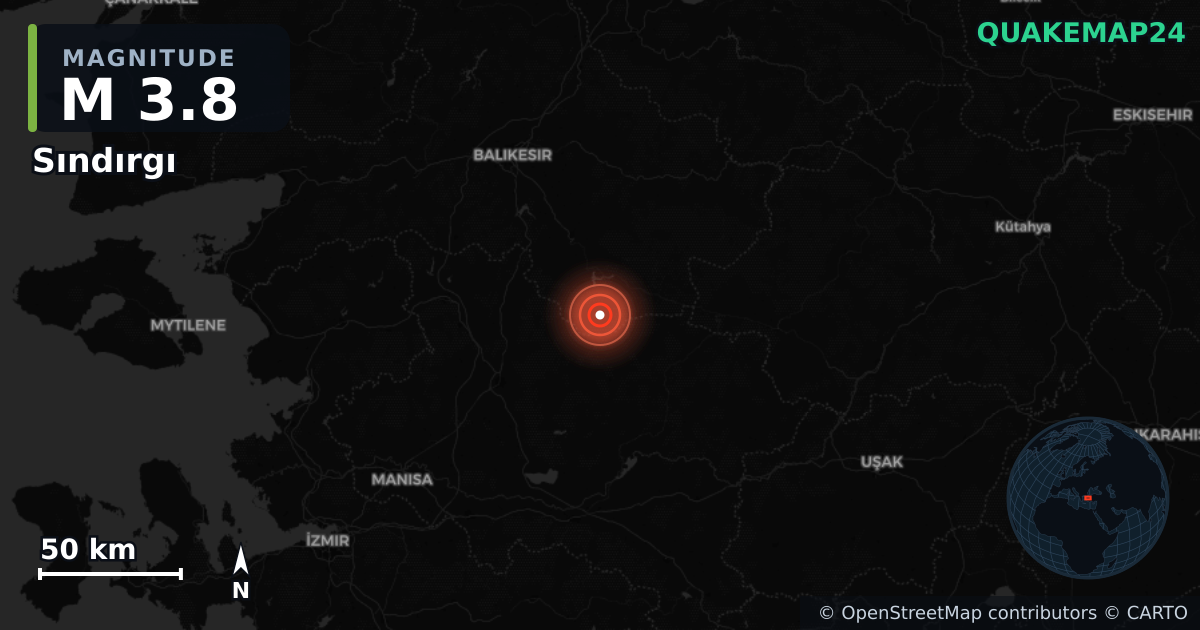 M3.8 earthquake near Sındırgı on Oct 30, 2025 — map of epicenter and shaking intensity | QuakeMap24