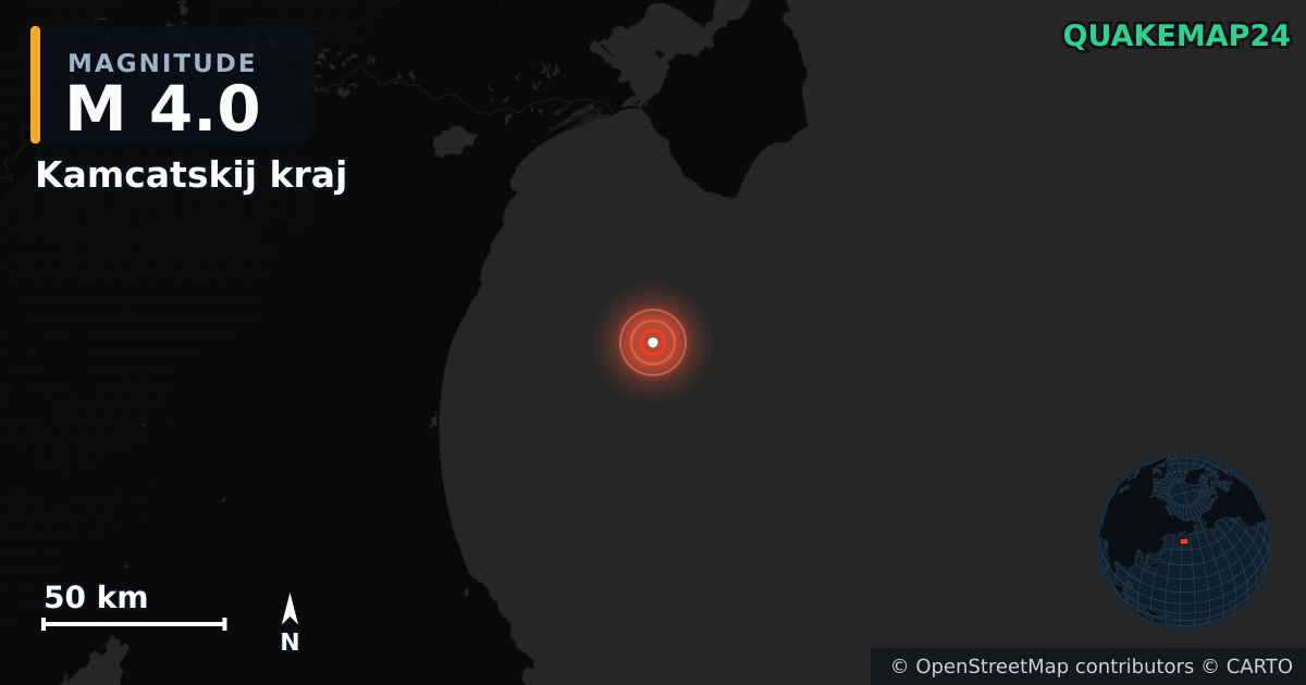 M4.0 earthquake near Kamcatskij kraj on May 26, 2025 — map of epicenter and shaking intensity | QuakeMap24