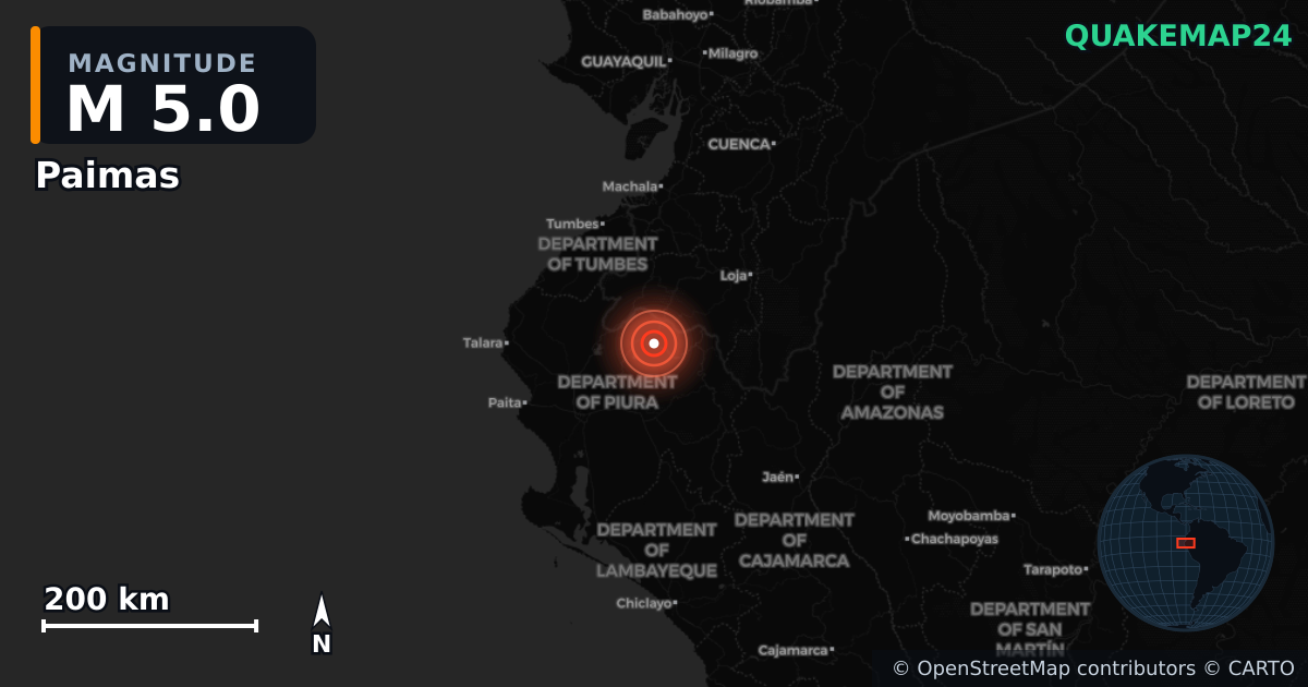M5.0 earthquake near Paimas on Jun 13, 2026 — map of epicenter and shaking intensity | QuakeMap24