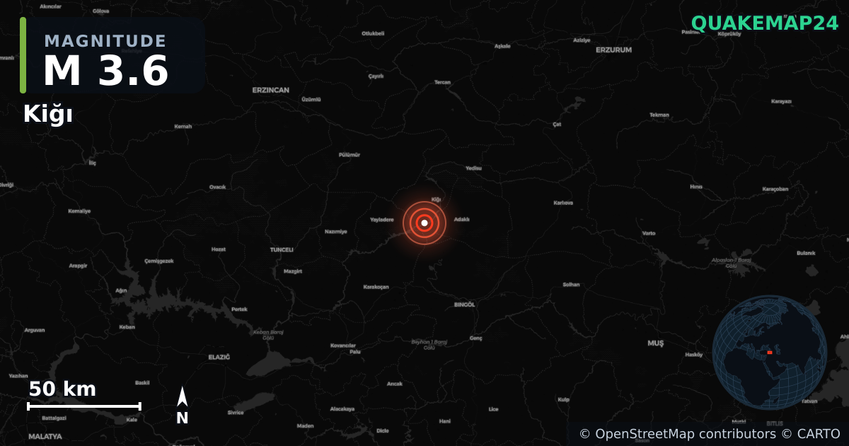 M3.6 earthquake near Kiğı on Jun 1, 2025 — map of epicenter and shaking intensity | QuakeMap24