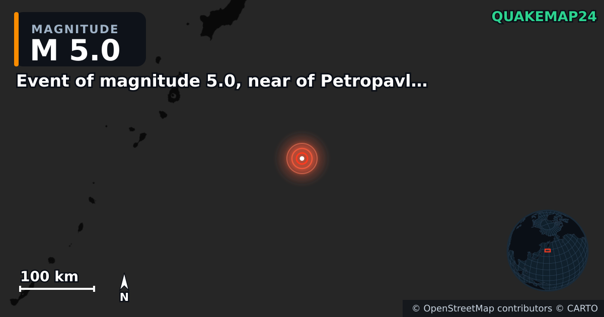 M5.0 earthquake near Event of magnitude 5.0, near of Petropavlovsk Kamchatskiy (Monde) on Dec 12, 2025 — map of epicenter and shaking intensity | QuakeMap24
