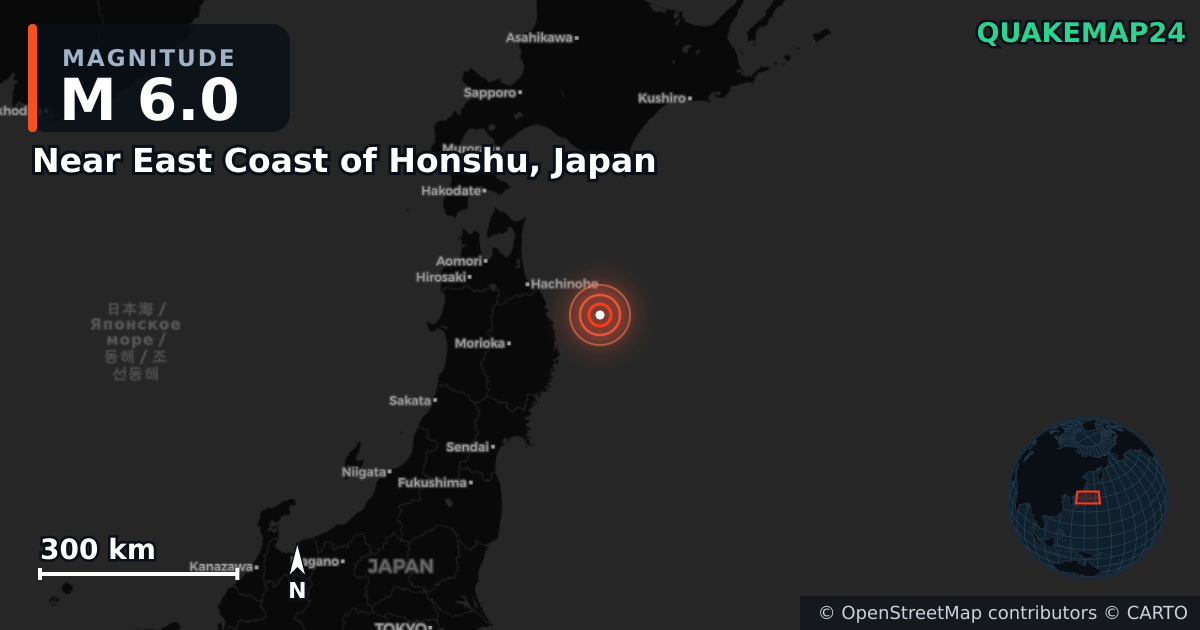 M6.0 earthquake near Near East Coast of Honshu, Japan on Dec 31, 2025 — map of epicenter and shaking intensity | QuakeMap24