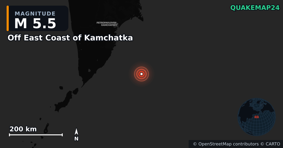 M5.5 earthquake near Off East Coast of Kamchatka on Jul 30, 2025 — map of epicenter and shaking intensity | QuakeMap24