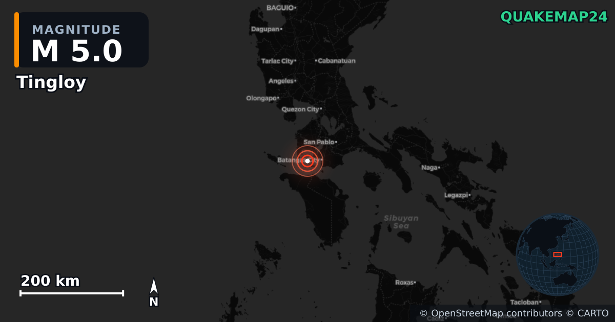 M5.0 earthquake near Tingloy on Feb 13, 2026 — map of epicenter and shaking intensity | QuakeMap24