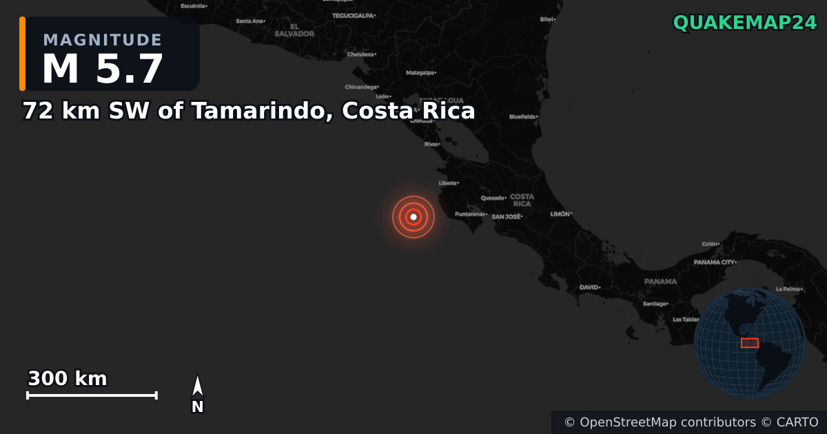 M5.7 earthquake near 72 km SW of Tamarindo, Costa Rica on Apr 15, 2026 — map of epicenter and shaking intensity | QuakeMap24