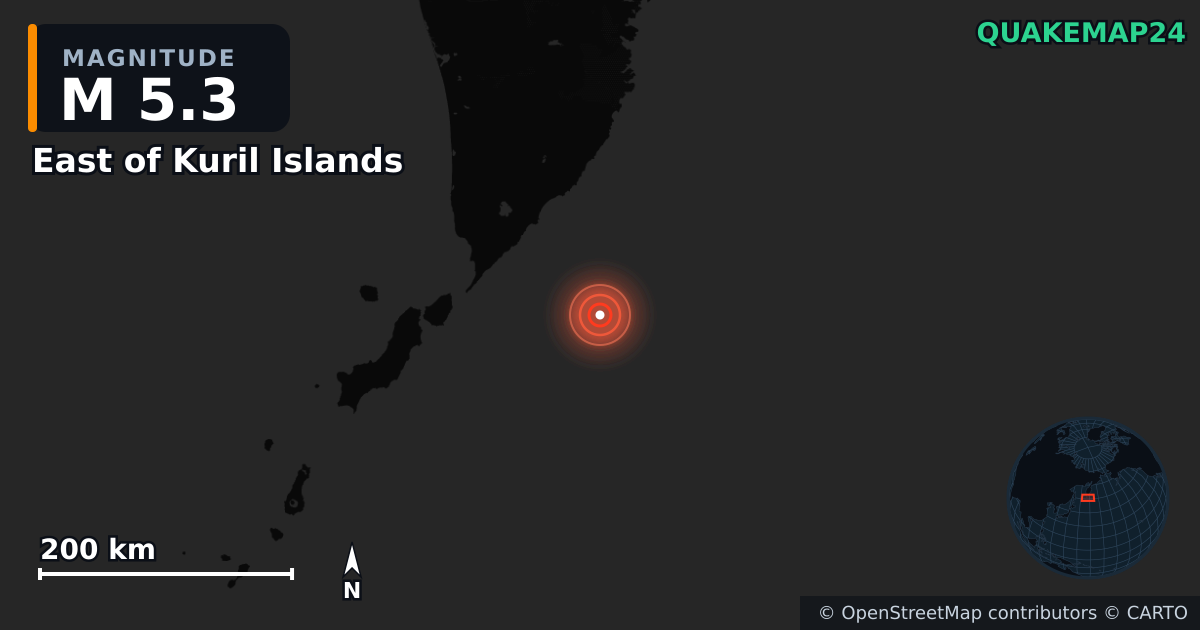 Terremoto de M5,3 cerca de East of Kuril Islands — Mapa de la ubicación del epicentro