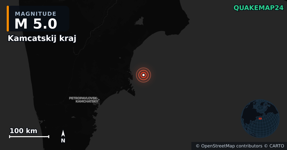 M5.0 earthquake near Kamcatskij kraj on Oct 14, 2025 — map of epicenter and shaking intensity | QuakeMap24