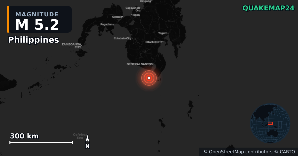M5.2 earthquake near Philippines on Jun 18, 2026 — map of epicenter and shaking intensity | QuakeMap24