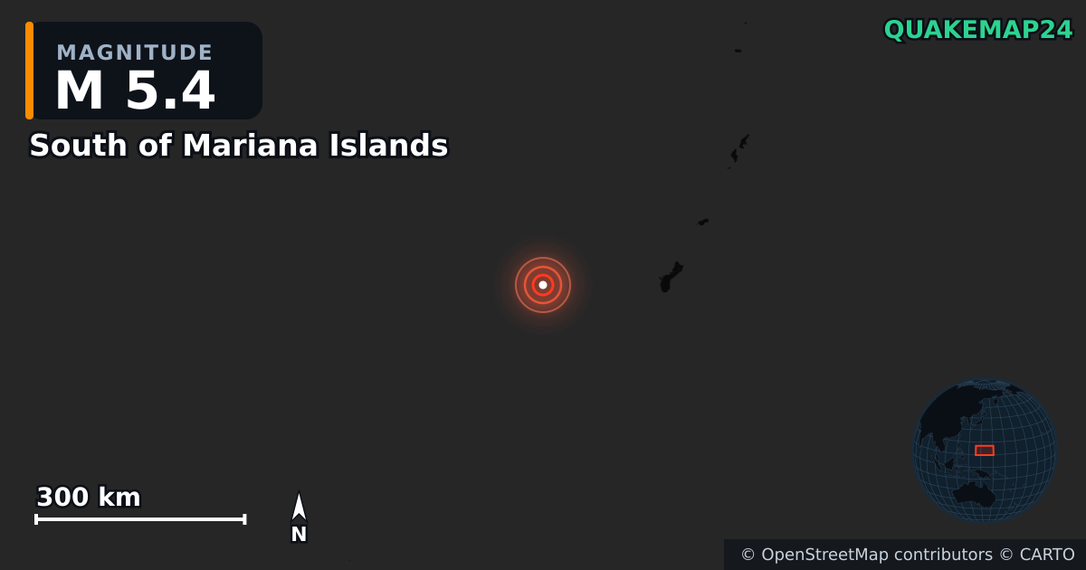 Erdbeben M5,4 bei South of Mariana Islands — Karte der Lage des Epizentrums