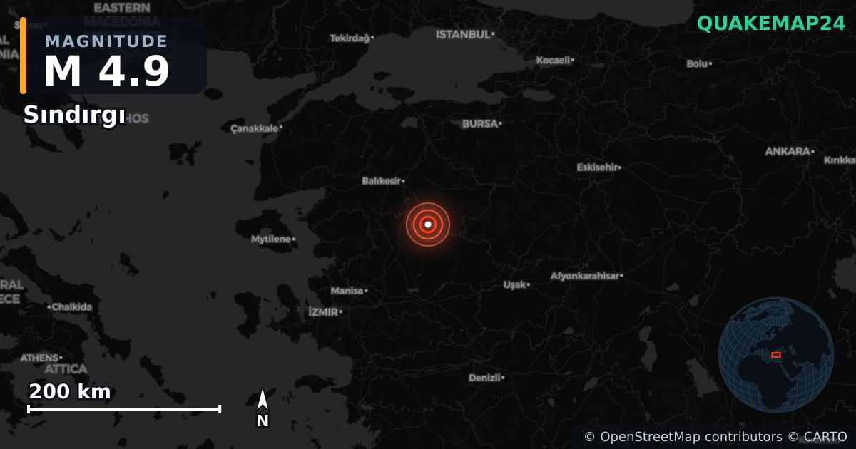 M4.9 earthquake near Sındırgı on Sep 7, 2025 — map of epicenter and shaking intensity | QuakeMap24