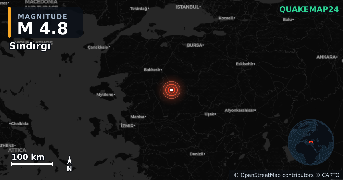 M4.8 earthquake near Sındırgı on Aug 24, 2025 — map of epicenter and shaking intensity | QuakeMap24