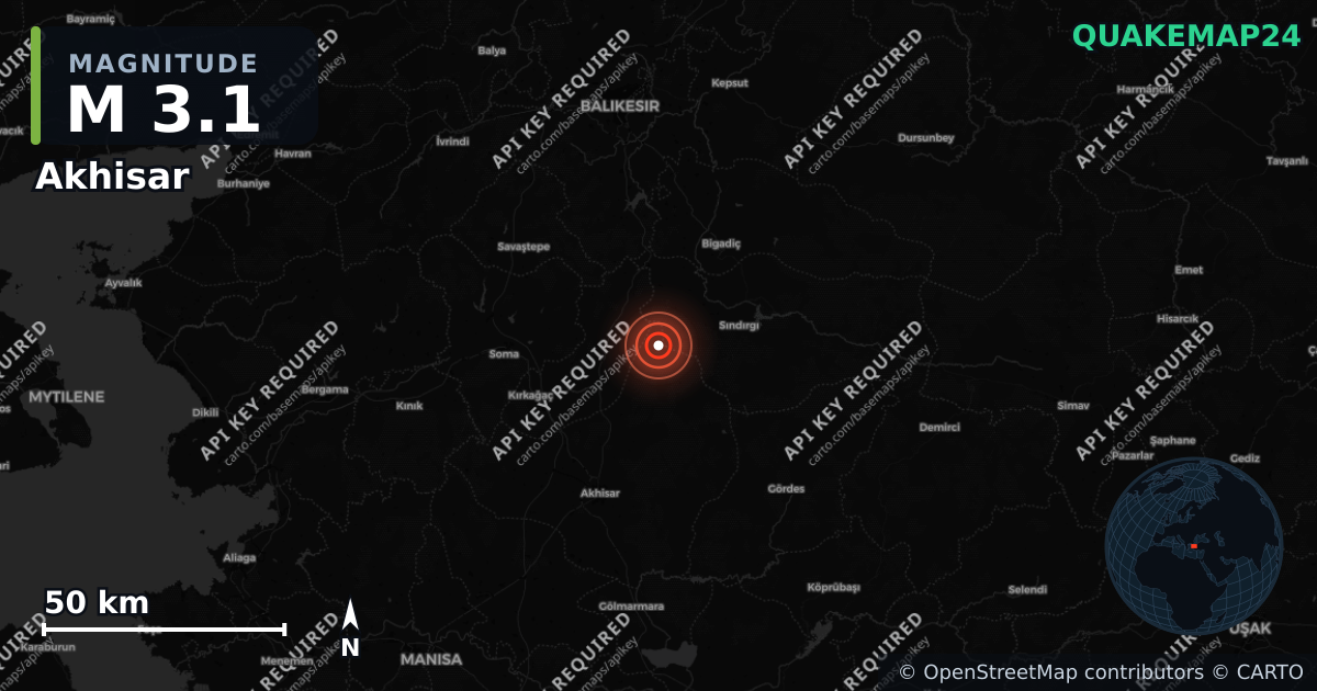 M3.1 earthquake near Akhisar on Aug 27, 2026 — map of epicenter and shaking intensity | QuakeMap24