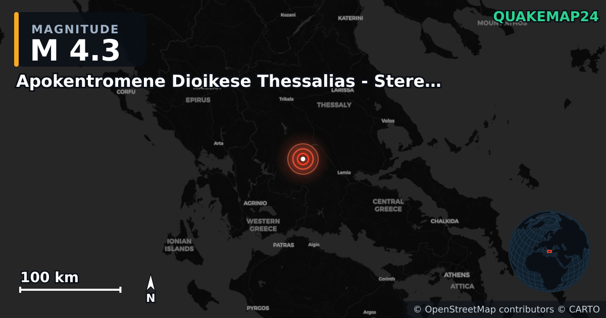 M4.3 earthquake near Apokentromene Dioikese Thessalias - Stereas Ellados on Aug 18, 2025 — map of epicenter and shaking intensity | QuakeMap24